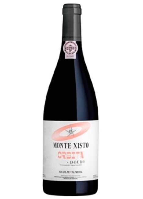 Garrafa de vinho tinto Monte Xisto Oreita Douro com rótulo branco e selo rosa