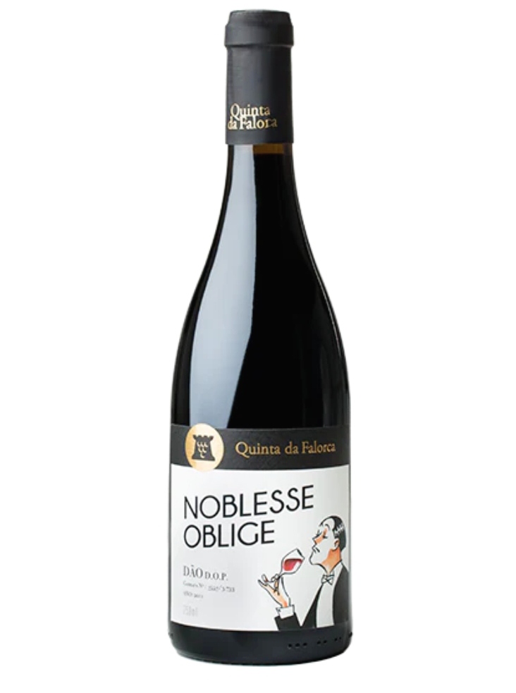 Garrafa de vinho tinto Noblesse Oblige com rótulo branco e preto da Quinta da Falorca