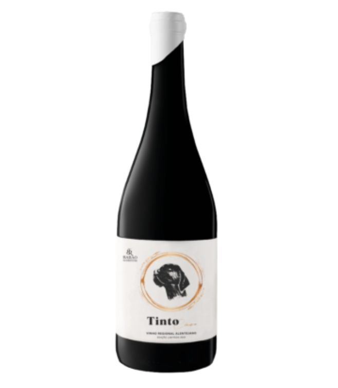 Garrafa de vinho tinto com rótulo branco, círculo castanho e texto 'Tinto'.