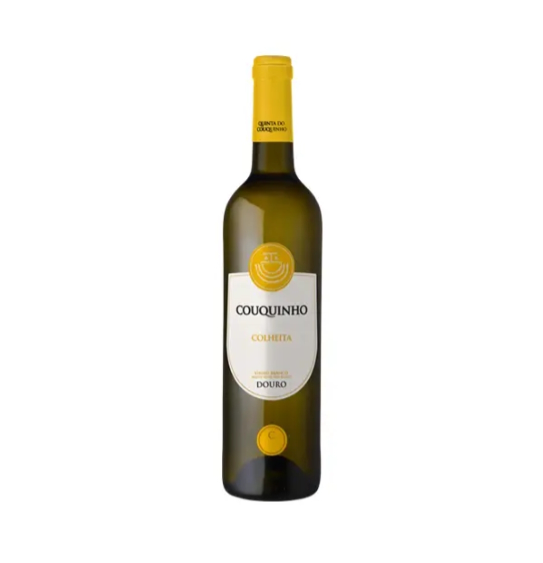 Garrafa de vinho branco Couquinho com rótulo branco e amarelo e cápsula amarela
