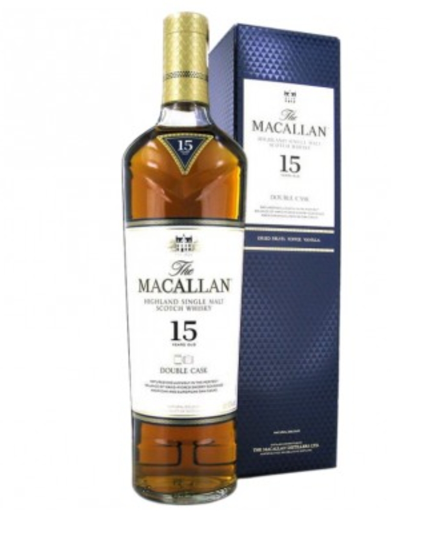 Garrafa de whisky The Macallan 15 anos com caixa azul escura