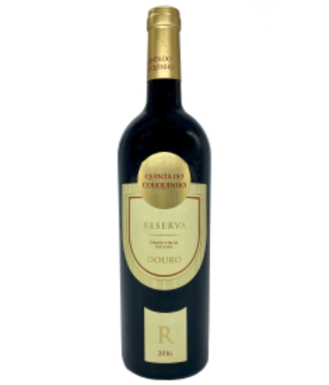 Garrafa de vinho tinto Reserva Douro 2016 com rótulo creme e tampa dourada