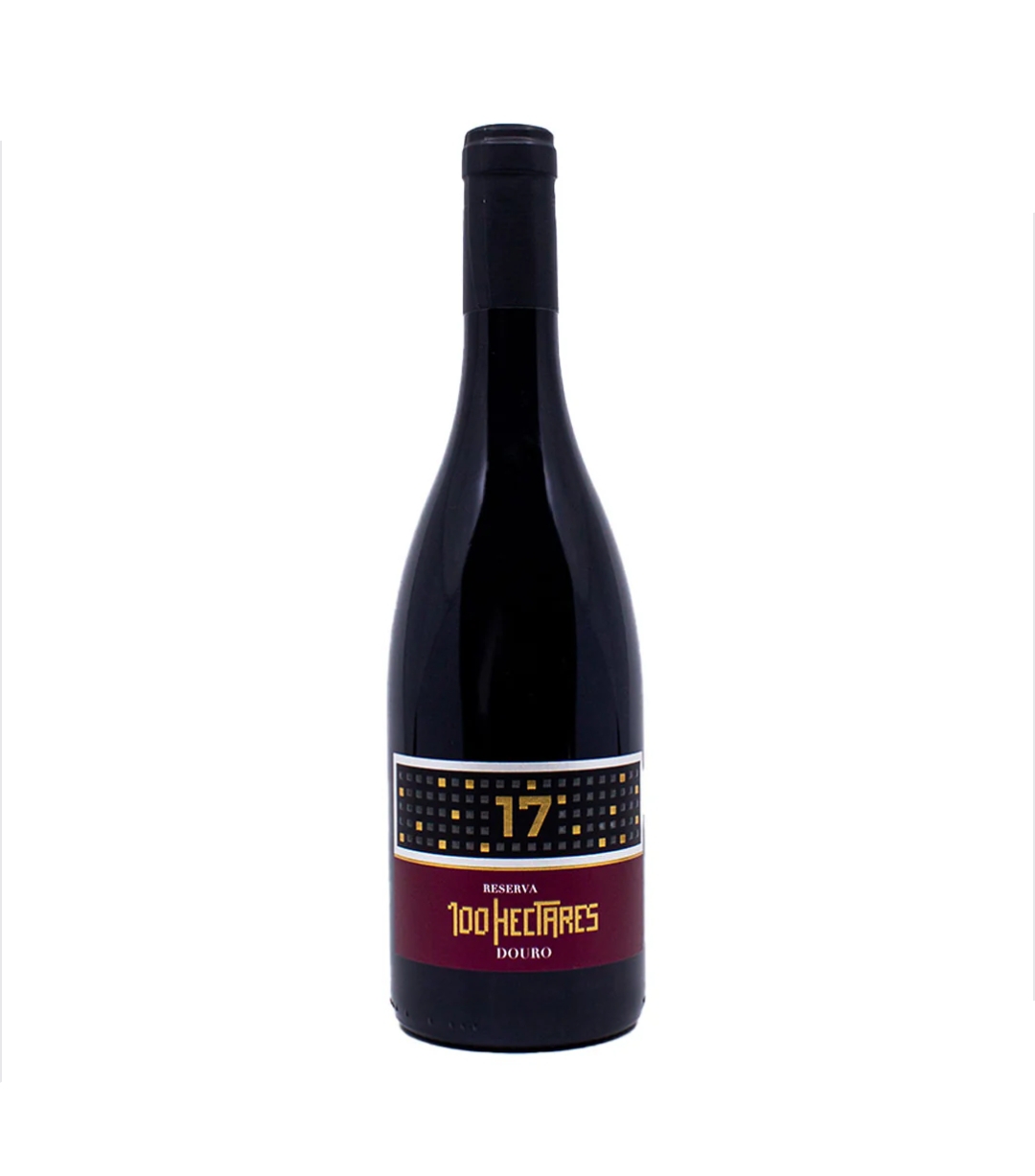 Garrafa de vinho tinto Reserva 100 Hectares Douro com rótulo preto e vermelho