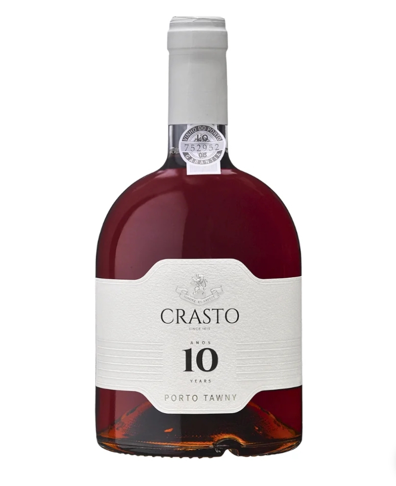 Garrafa de vinho do Porto Tawny Crasto 10 anos com rótulo branco e tampa branca