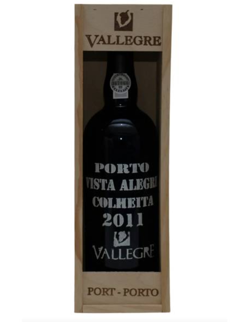 Garrafa de vinho do Porto Vista Alegre Colheita 2011 Vallegre em caixa de madeira