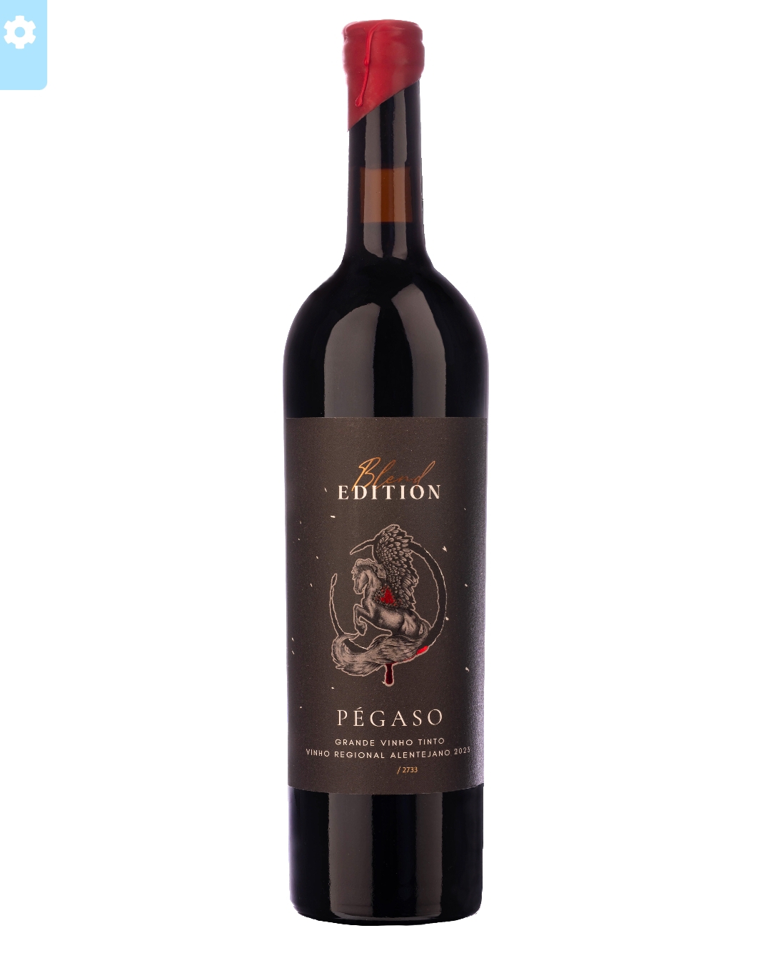 Garrafa de vinho tinto com rótulo preto e cera vermelha na rolha