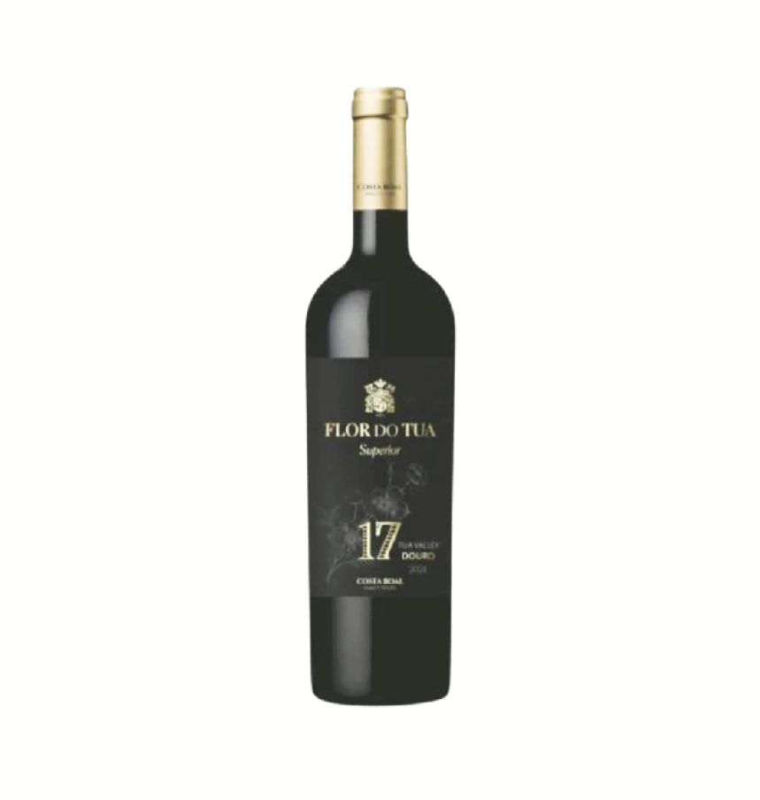 Garrafa de vinho tinto Flor do Tua Superior com rótulo preto e tampa dourada