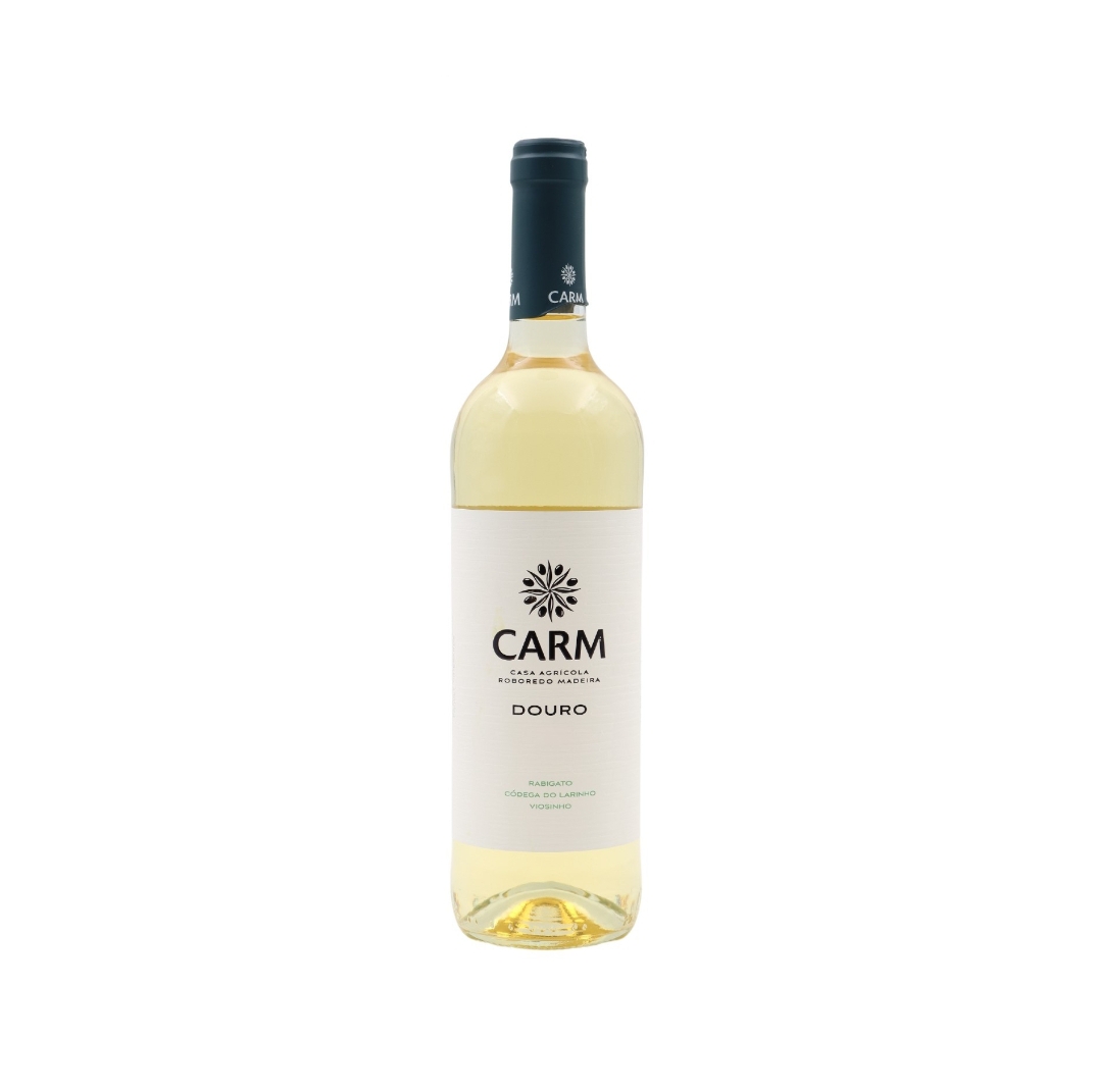 Garrafa de vinho branco Carm Douro com rótulo branco e tampa azul