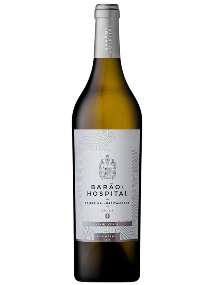 Garrafa de vinho Barão Hospital com rótulo branco e cápsula prata