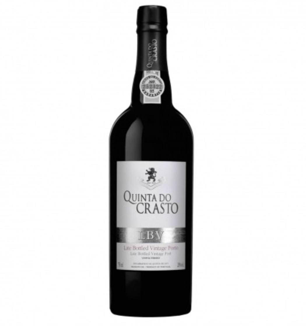 Garrafa de vinho tinto Quinta do Crasto LBV com rótulo branco e preto