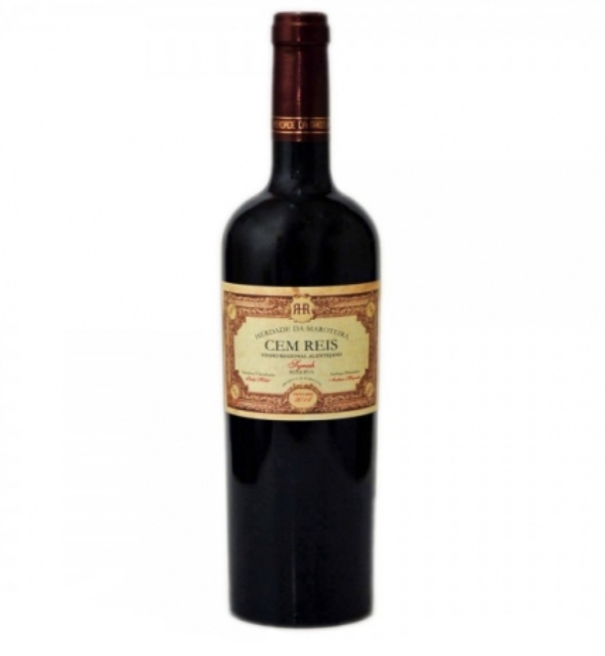 Garrafa de vinho tinto Cem Reis com rótulo creme e castanho