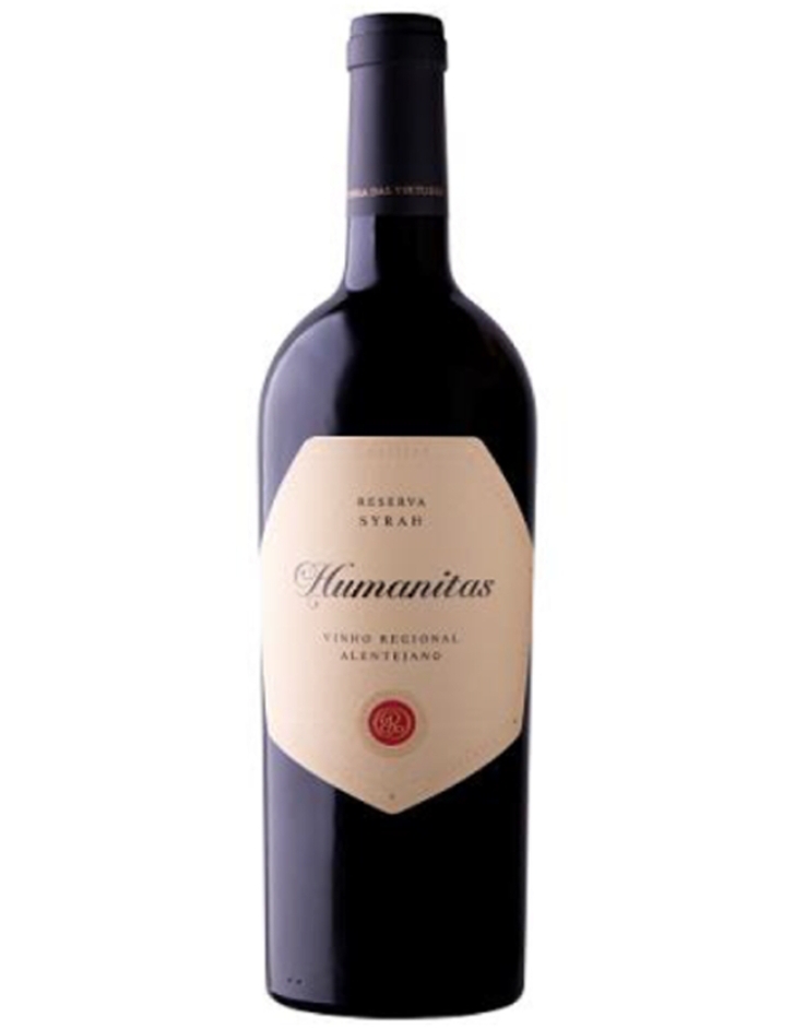Garrafa de vinho tinto Humanitas Reserva Syrah com rótulo creme e símbolo vermelho