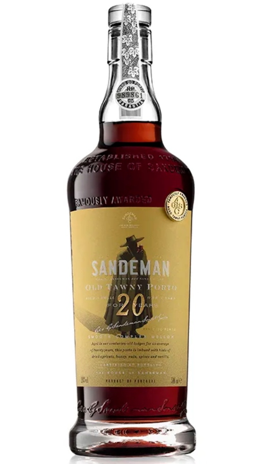Garrafa de vinho do Porto Sandeman Old Tawny Porto 20 anos com rótulo amarelo dourado