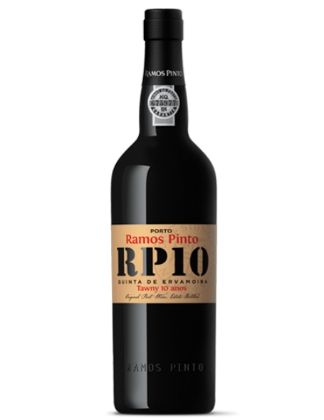 Garrafa de vinho do Porto Ramos Pinto RP10 Tawny 10 anos com rótulo bege e preto