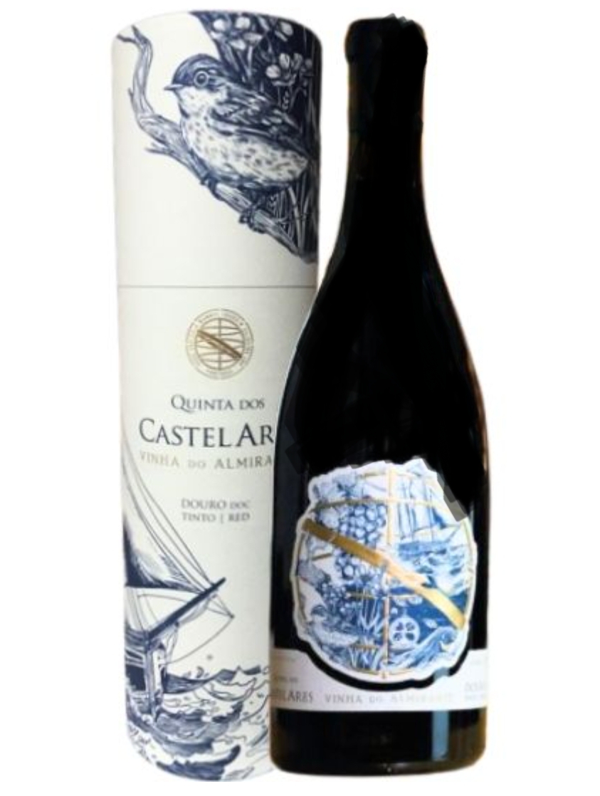 Garrafa de vinho tinto com caixa branca ilustrada a azul
