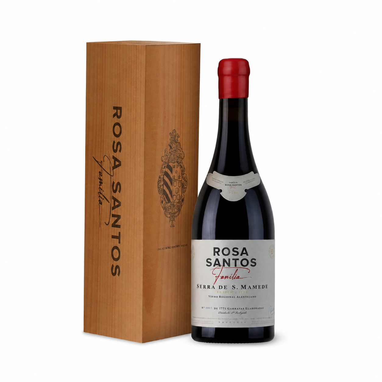 garrafa de vinho tinto Rosa Santos com caixa de madeira