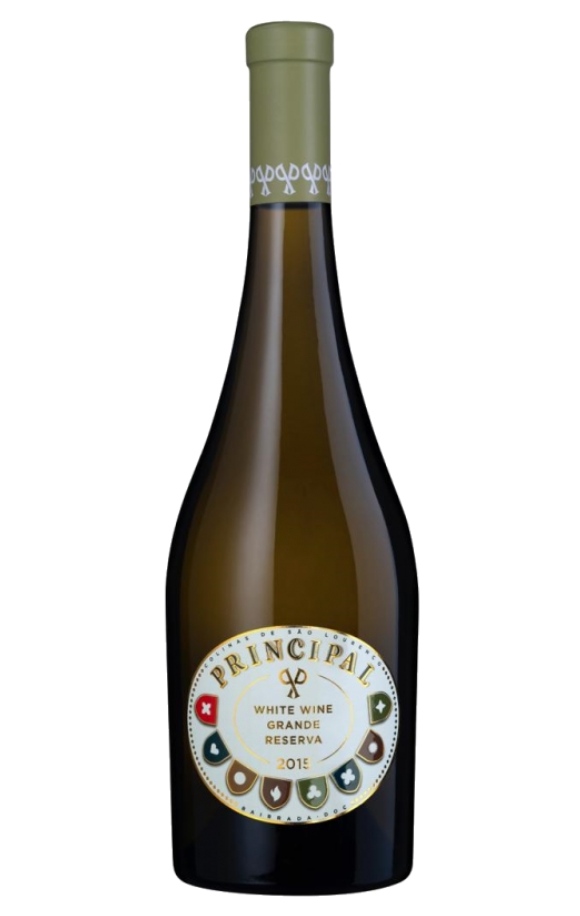 Garrafa de vinho branco com rótulo branco redondo e tampa verde oliva