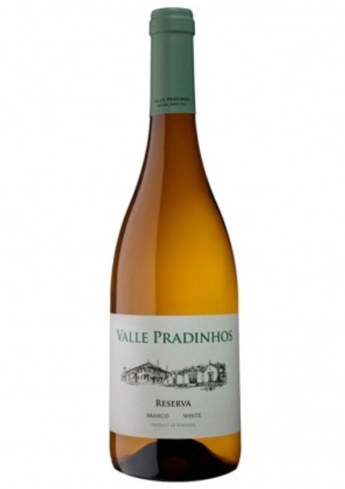 Garrafa de vinho branco Valle Pradinhos Reserva com rótulo branco e tampa verde