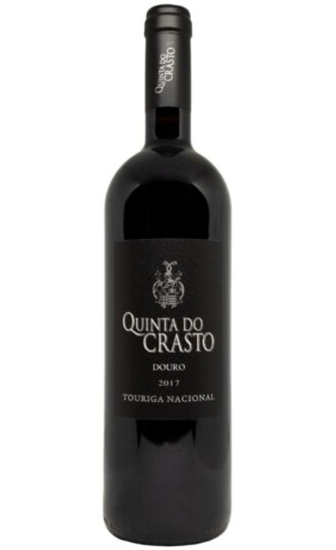 Garrafa de vinho tinto Quinta do Crasto Douro 2017 com rótulo preto e detalhes em branco