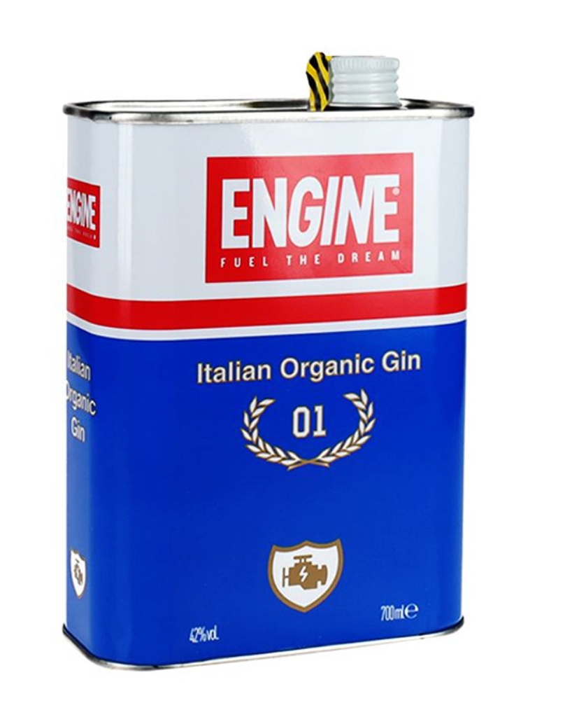 Lata metálica azul e branca com gin italiano orgânico da marca ENGINE