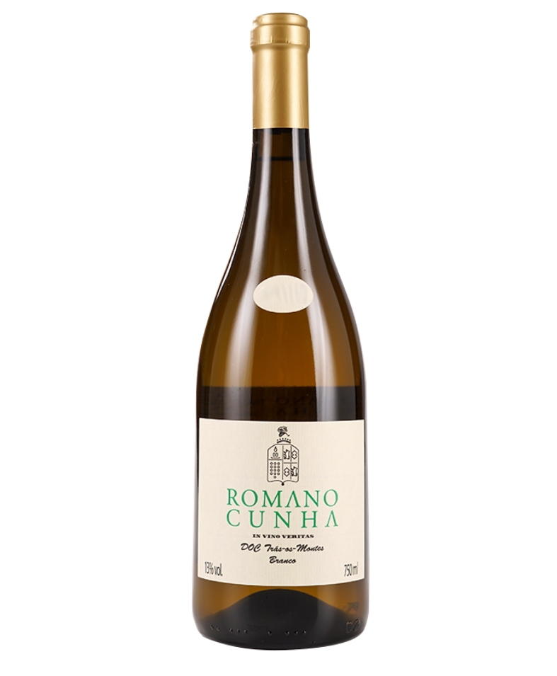 Garrafa de vinho branco Romano Cunha com rótulo branco e tampa dourada