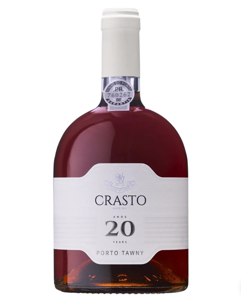 Garrafa de vinho do Porto Crasto Tawny 20 anos com rótulo branco e tampa branca