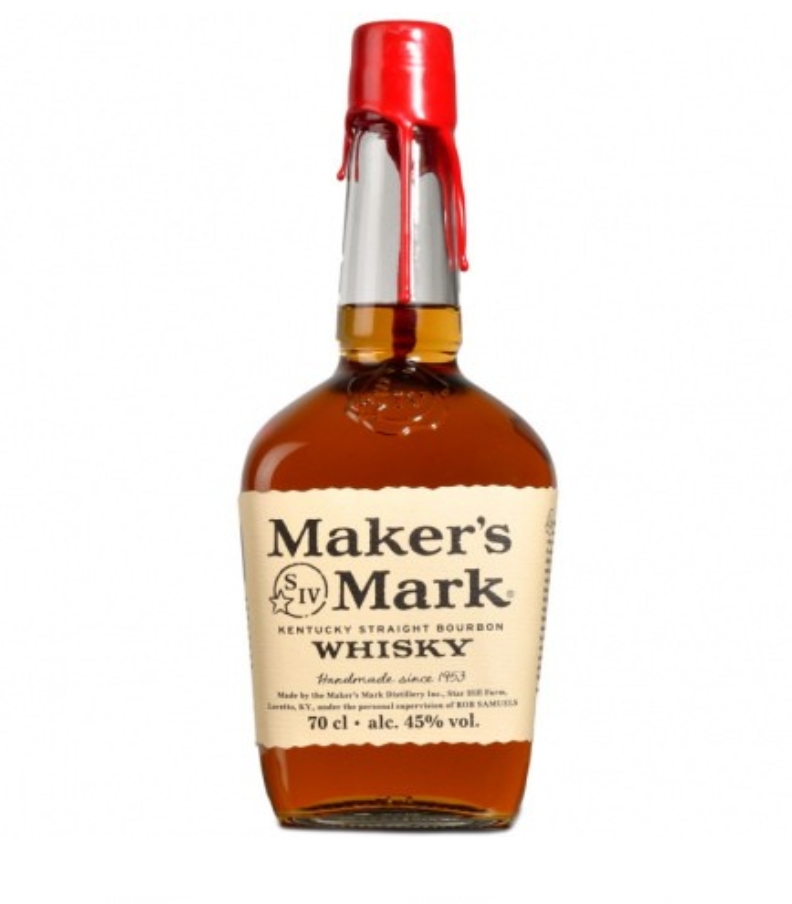 Garrafa de whisky Maker's Mark com rótulo creme e cera vermelha na tampa
