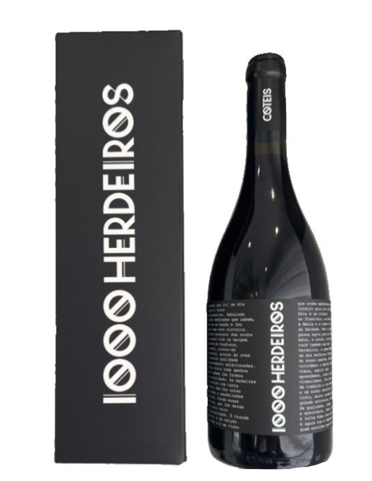 Garrafa de vinho tinto com caixa preta com texto 1000 HERDEIROS