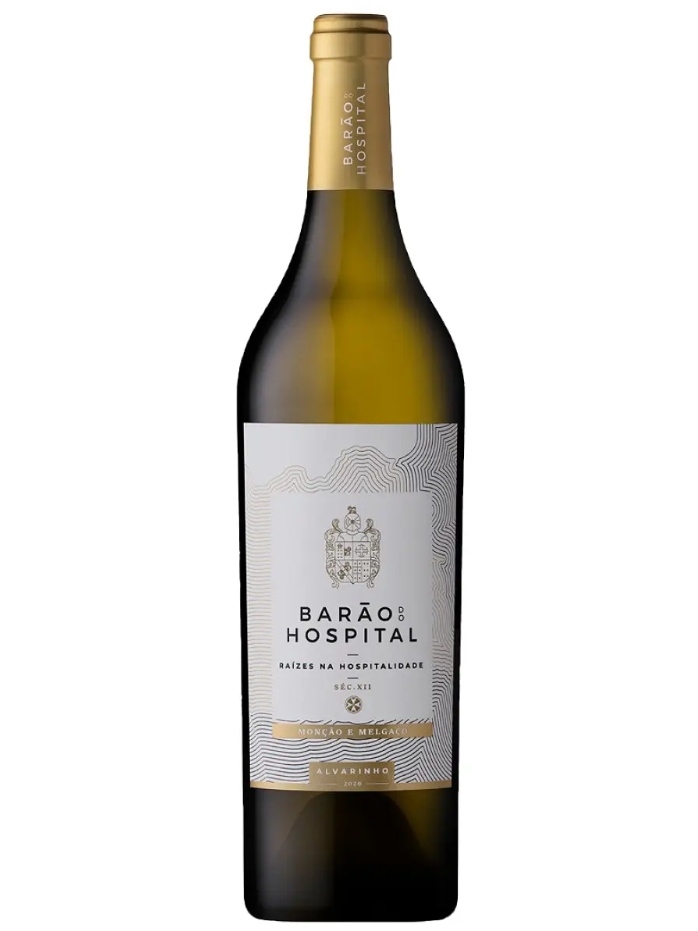 Garrafa de vinho branco Barão Hospital com rótulo e tampa dourados