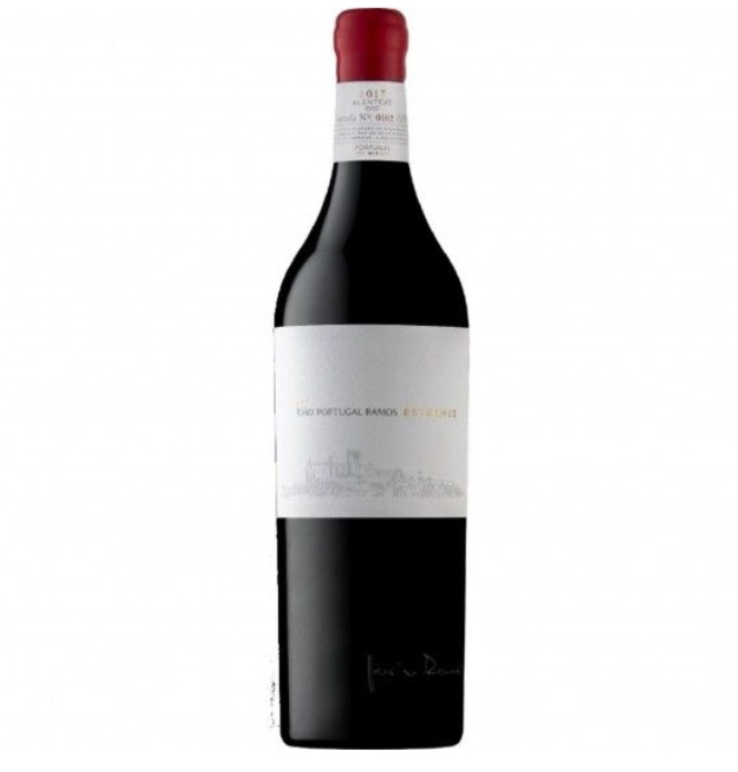 Garrafa de vinho tinto com rótulo branco e tampa vermelha