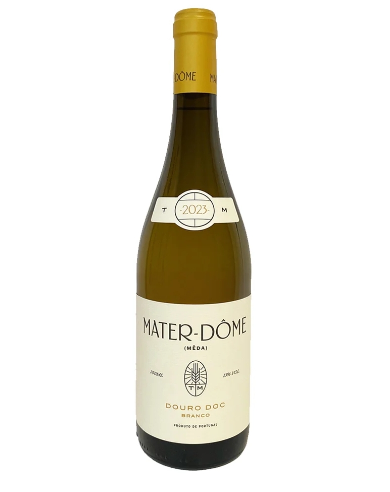 Garrafa de vinho branco Mater-Dôme com rótulo branco e cápsula amarela