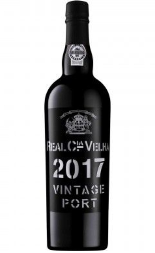 garrafa de vinho do Porto vintage 2017 preta com rótulo branco