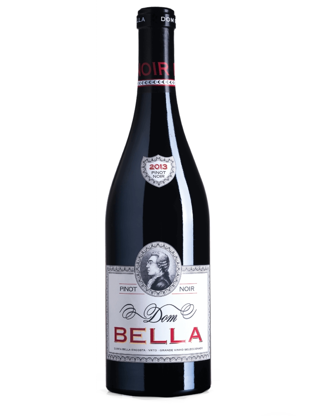 Garrafa de vinho tinto Dom BELLA Pinot Noir 2013 com rótulo branco e detalhes vermelhos.