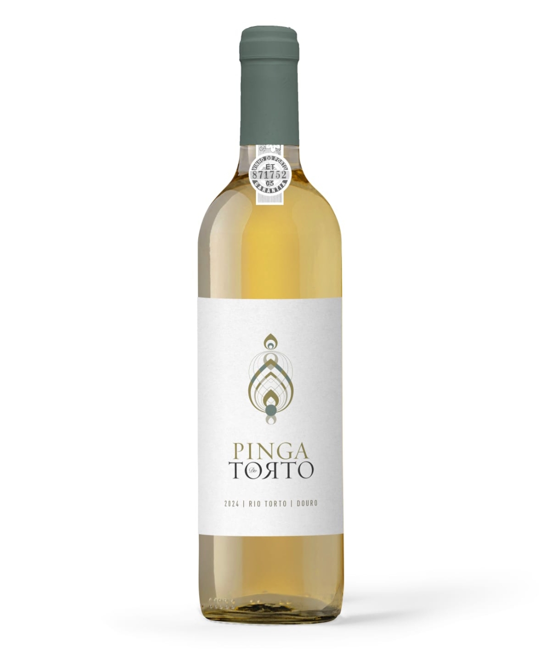 Garrafa de vinho branco Pinga Torto com rótulo branco e tampa cinza