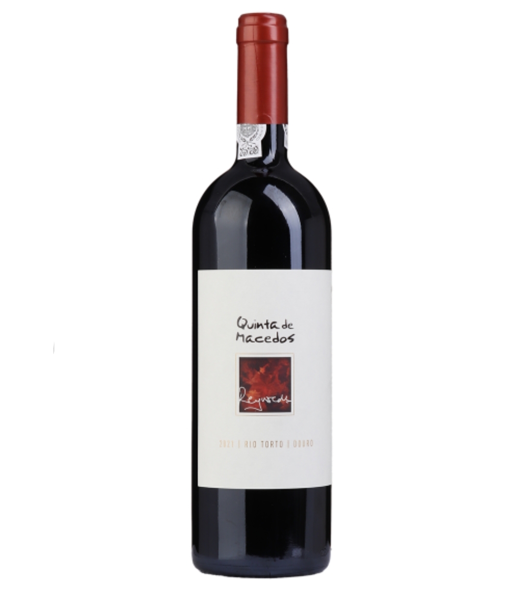 Garrafa de vinho tinto Quinta de Macedos com rótulo branco e cápsula vermelha