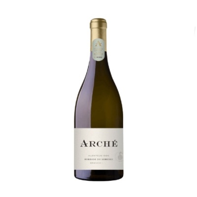 Garrafa de vinho branco ARCHÉ com rótulo branco e rolha dourada