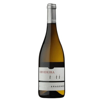 Garrafa de vinho branco Ervideira com rótulo branco e rolha prateada