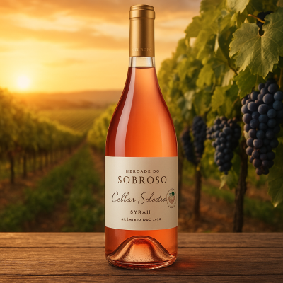 Garrafa de vinho rosé Herdade do Sobroso Cellar Selection Syrah sobre madeira com vinhas ao fundo ao pôr do sol.