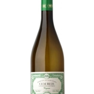 Garrafa de vinho branco com rótulo verde e branco