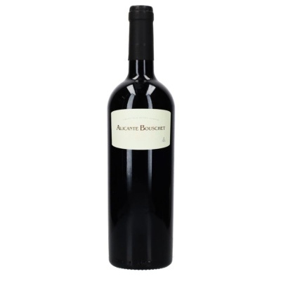 Garrafa de vinho tinto Alicante Bouschet com rótulo branco e tampa preta