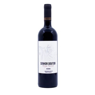Garrafa de vinho tinto Senhor Doutor Reserva com rótulo branco e ilustração de homem