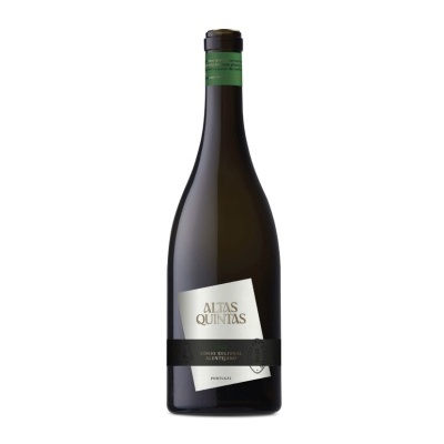 Garrafa de vinho Altas Quintas com rótulos em branco, preto e tampa verde.