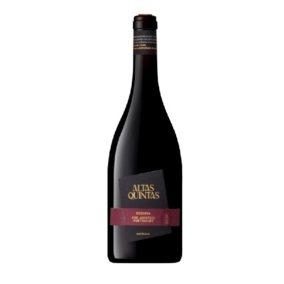 Garrafa de vinho tinto Altas Quintas Reserva com rótulos preto e roxo