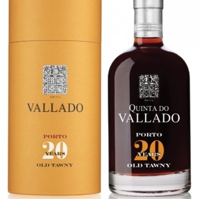 Garrafa de vinho Porto 20 anos Old Tawny e embalagem amarela cilíndrica