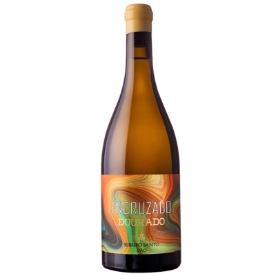 Garrafa de vinho branco com rótulo colorido e texto ENCRUZADO DOURADO