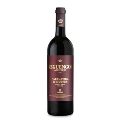 Garrafa de vinho tinto REGUENGOS com rótulo roxo escuro e texto dourado
