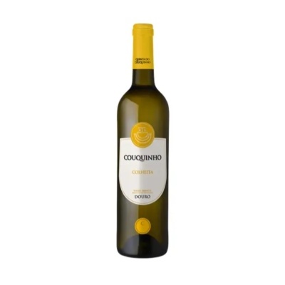Garrafa de vinho branco Couquinho com rótulo branco e amarelo e cápsula amarela