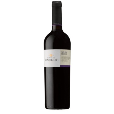 Garrafa de vinho tinto Quinta de Ventozeo com rótulo branco e detalhes roxos