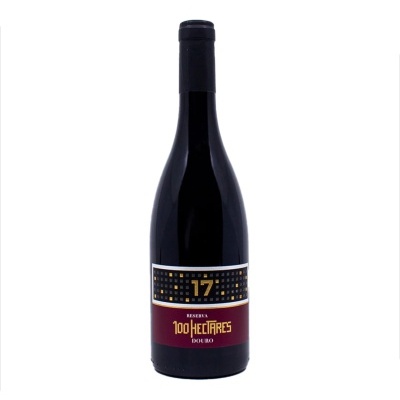 Garrafa de vinho tinto Reserva 100 Hectares Douro com rótulo preto e vermelho