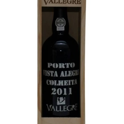Garrafa de vinho do Porto Vista Alegre Colheita 2011 Vallegre em caixa de madeira